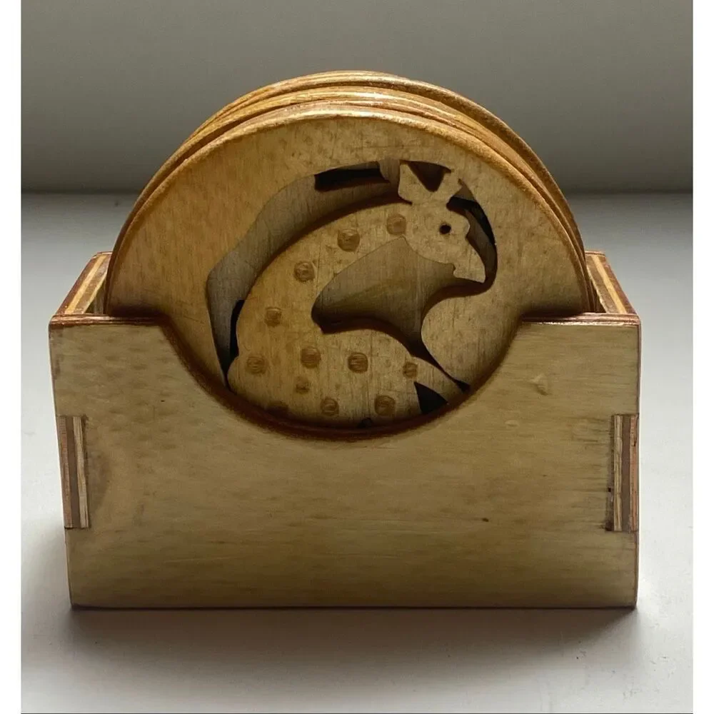 Hand-Carved Wooden Safari Animal Coaster Set with Holder – 6 Piece Jungle Decor